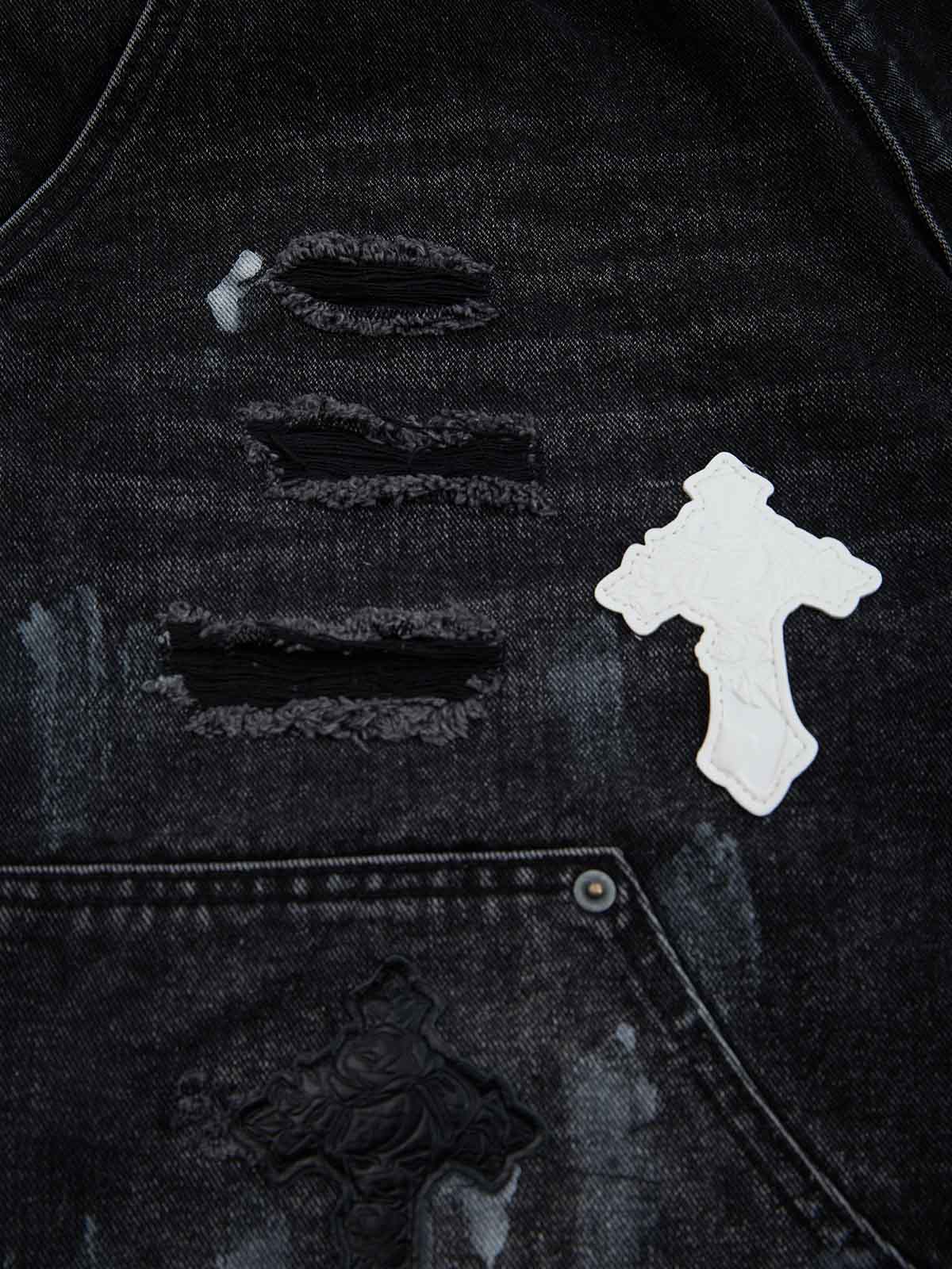 Distressed Cross Patchwork Baggy Denim Jeans - 2613 - Image 10