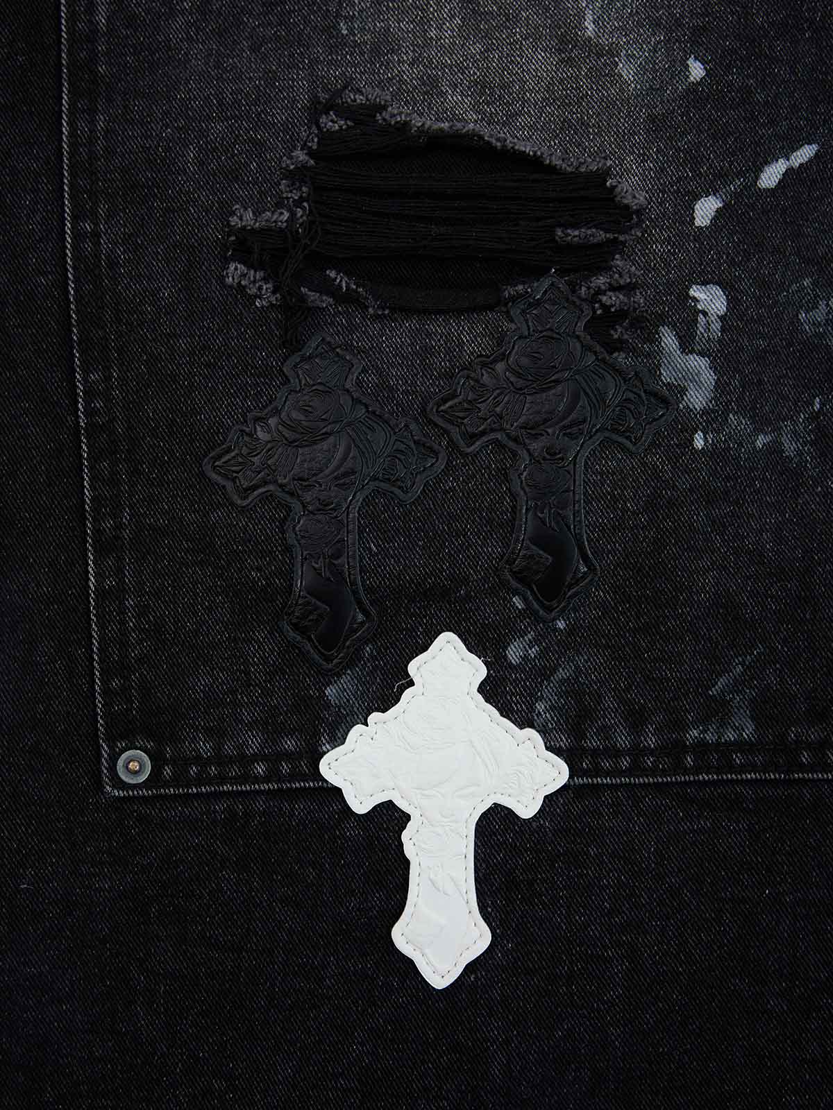 Distressed Cross Patchwork Baggy Denim Jeans - 2613 - Image 13