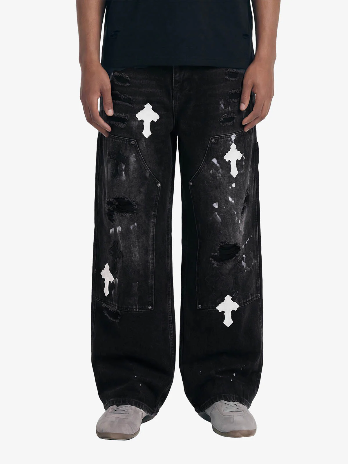 Distressed Cross Patchwork Baggy Denim Jeans - 2613 - Image 6