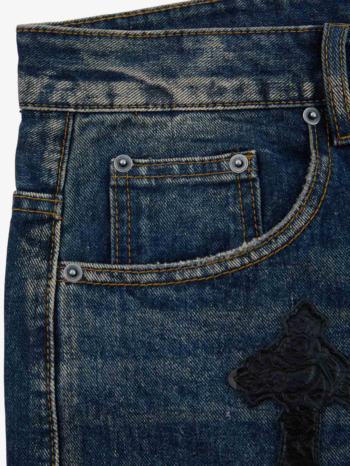 Distressed Cross Patchwork Washed Baggy Jeans - Image 6