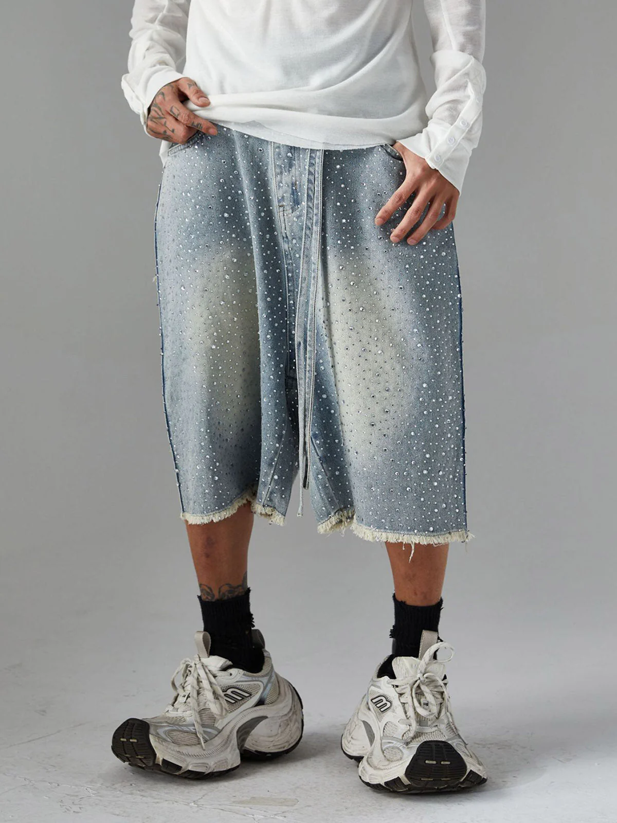 Distressed Rhinestone Denim Jorts - 2454 - Image 3