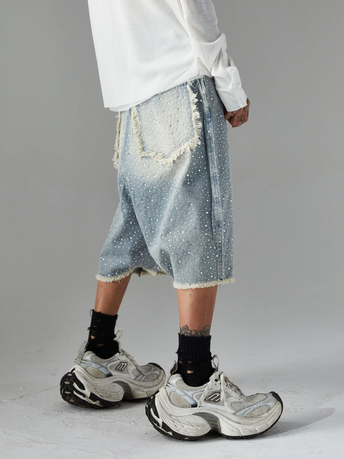 Distressed Rhinestone Denim Jorts - 2454 - Image 4