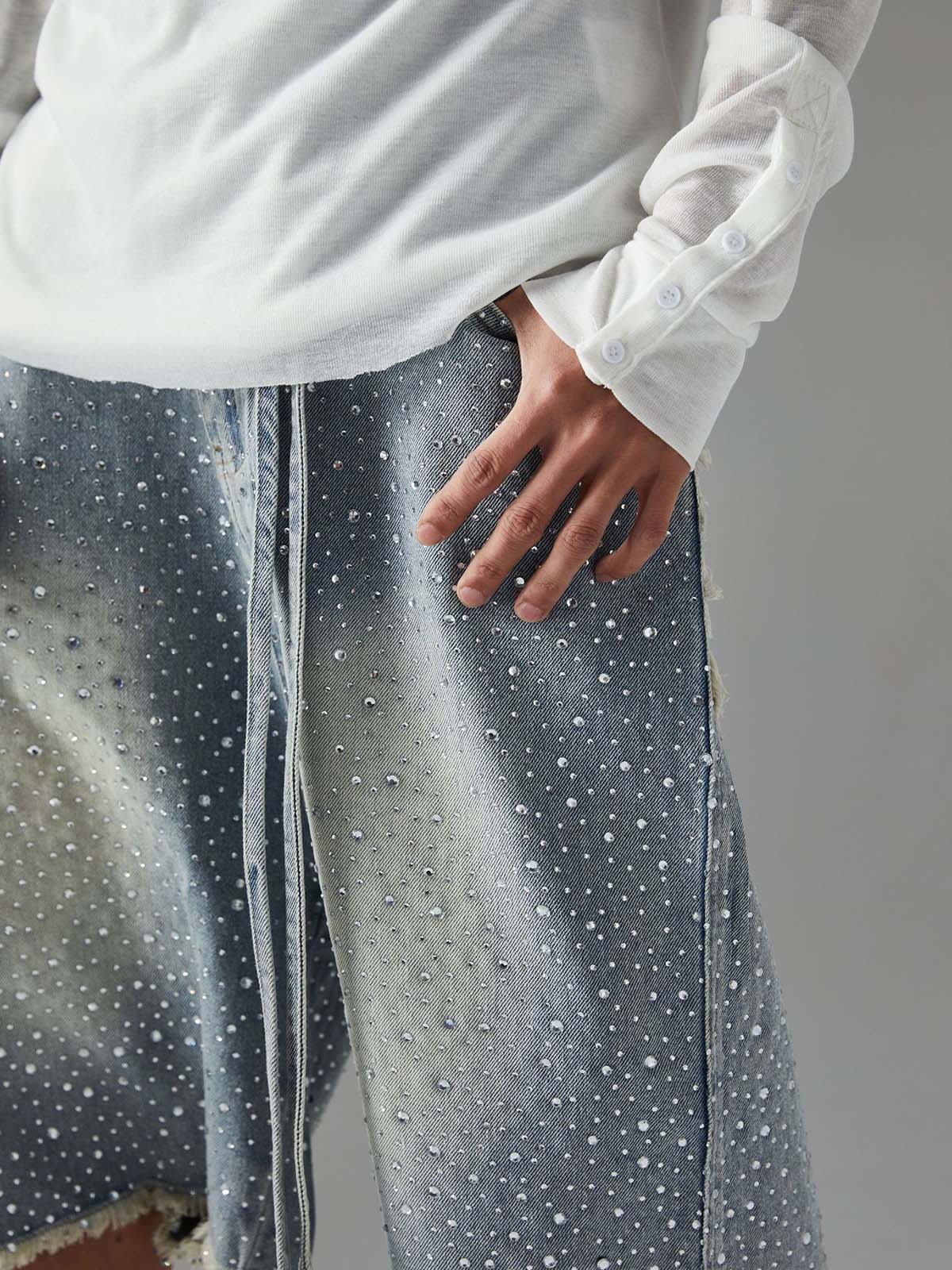Distressed Rhinestone Denim Jorts - 2454 - Image 8