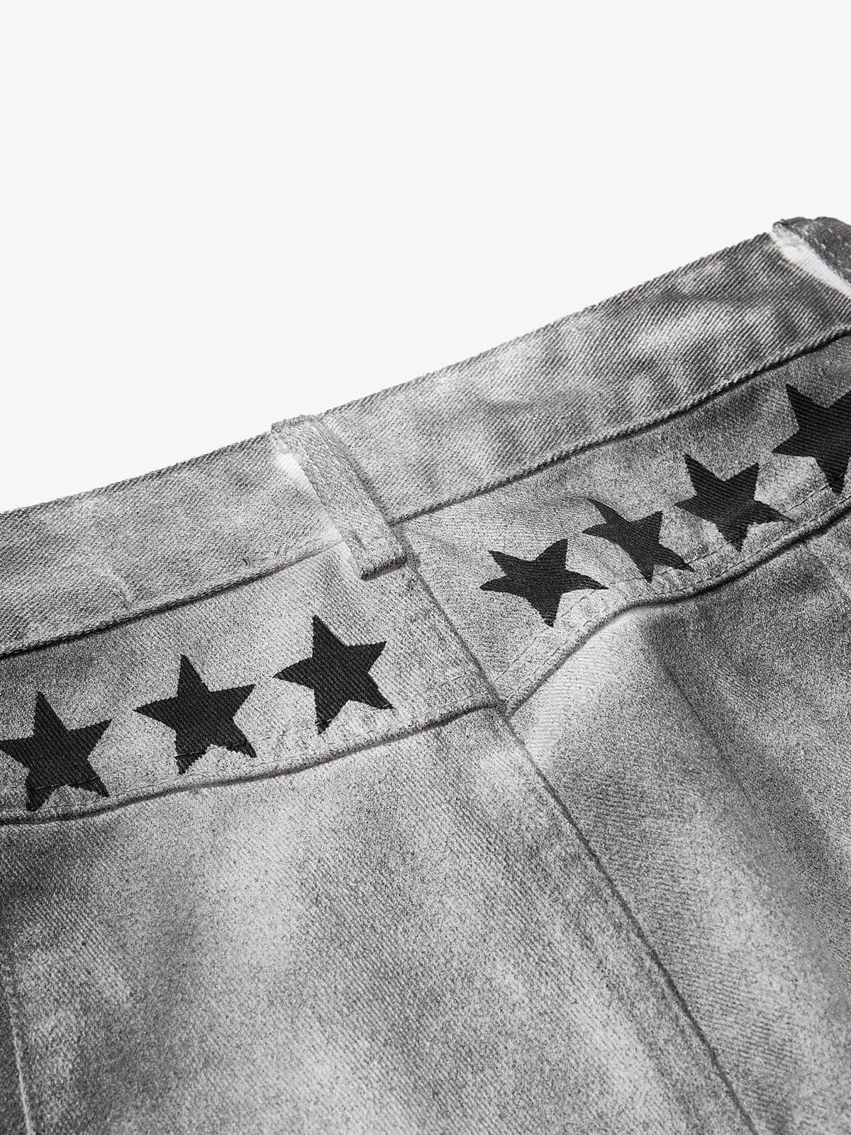 Distressed Dirty Wash Text Graphic Star Trim Straight Leg Pants - Image 4