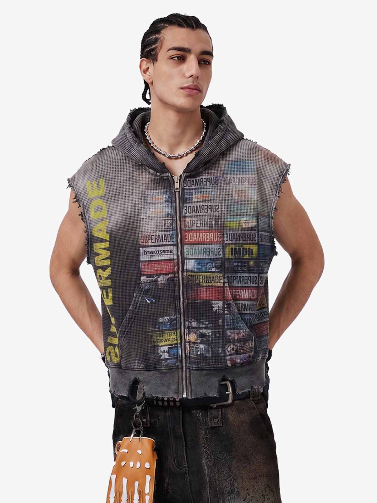 Distressed Multi-Label Graphic Sleeveless Zip Hoodie