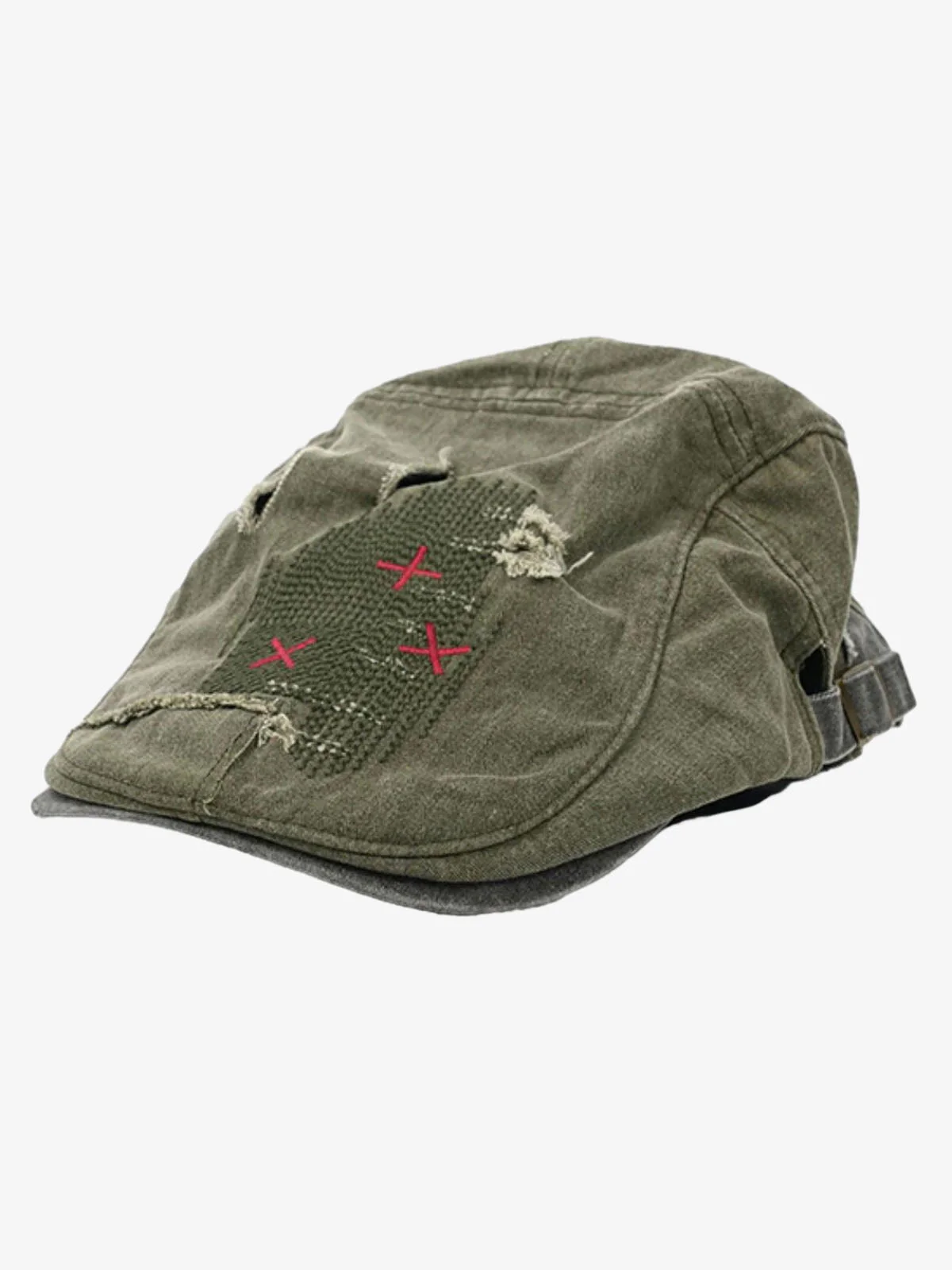 Distressed Patchwork Embroidered Cotton Flat Cap - Image 3