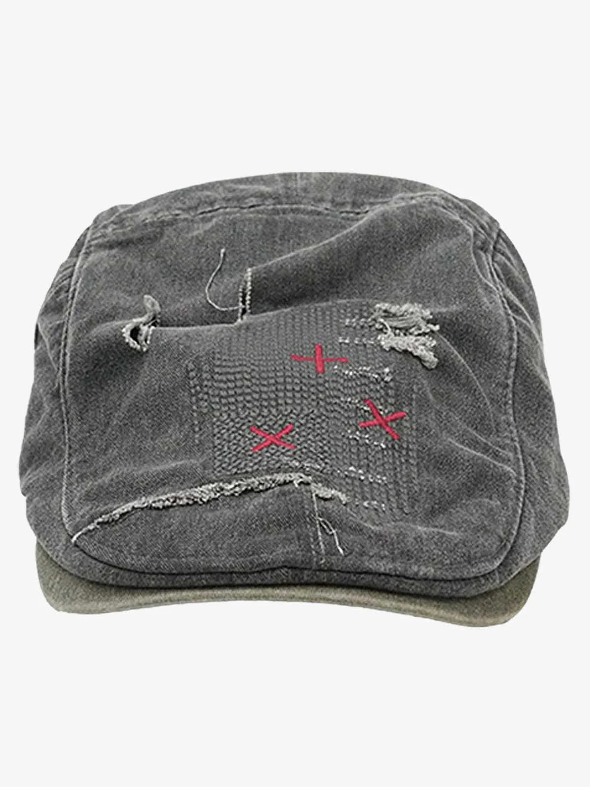 Distressed Patchwork Embroidered Cotton Flat Cap - Image 6