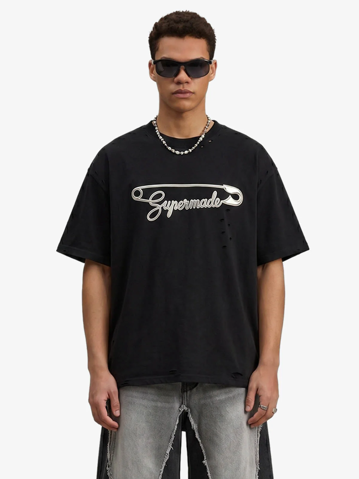 Distressed Safety Pin Cropped T-Shirt