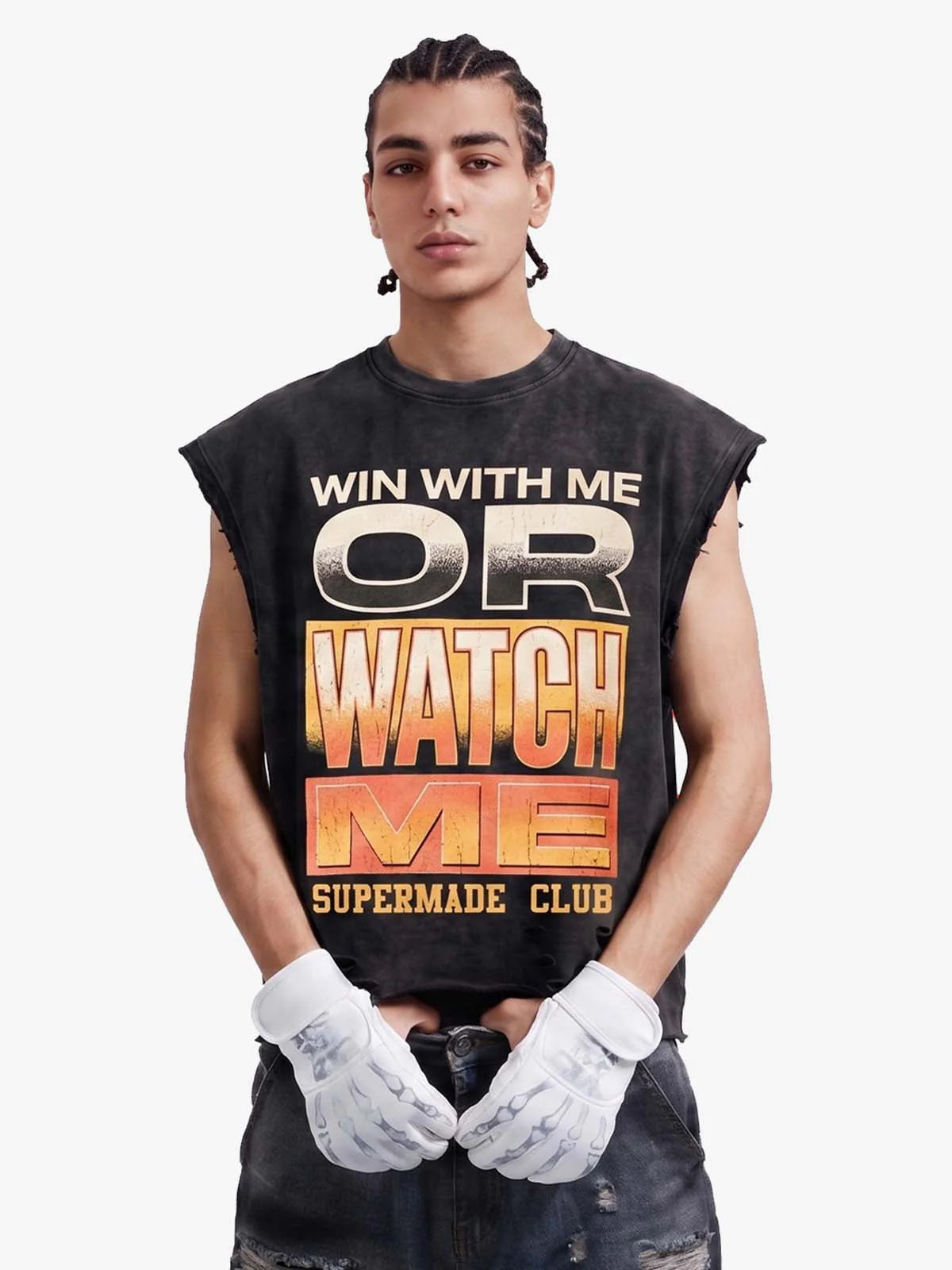 Distressed Slogan Graphic Sleeveless T-Shirt