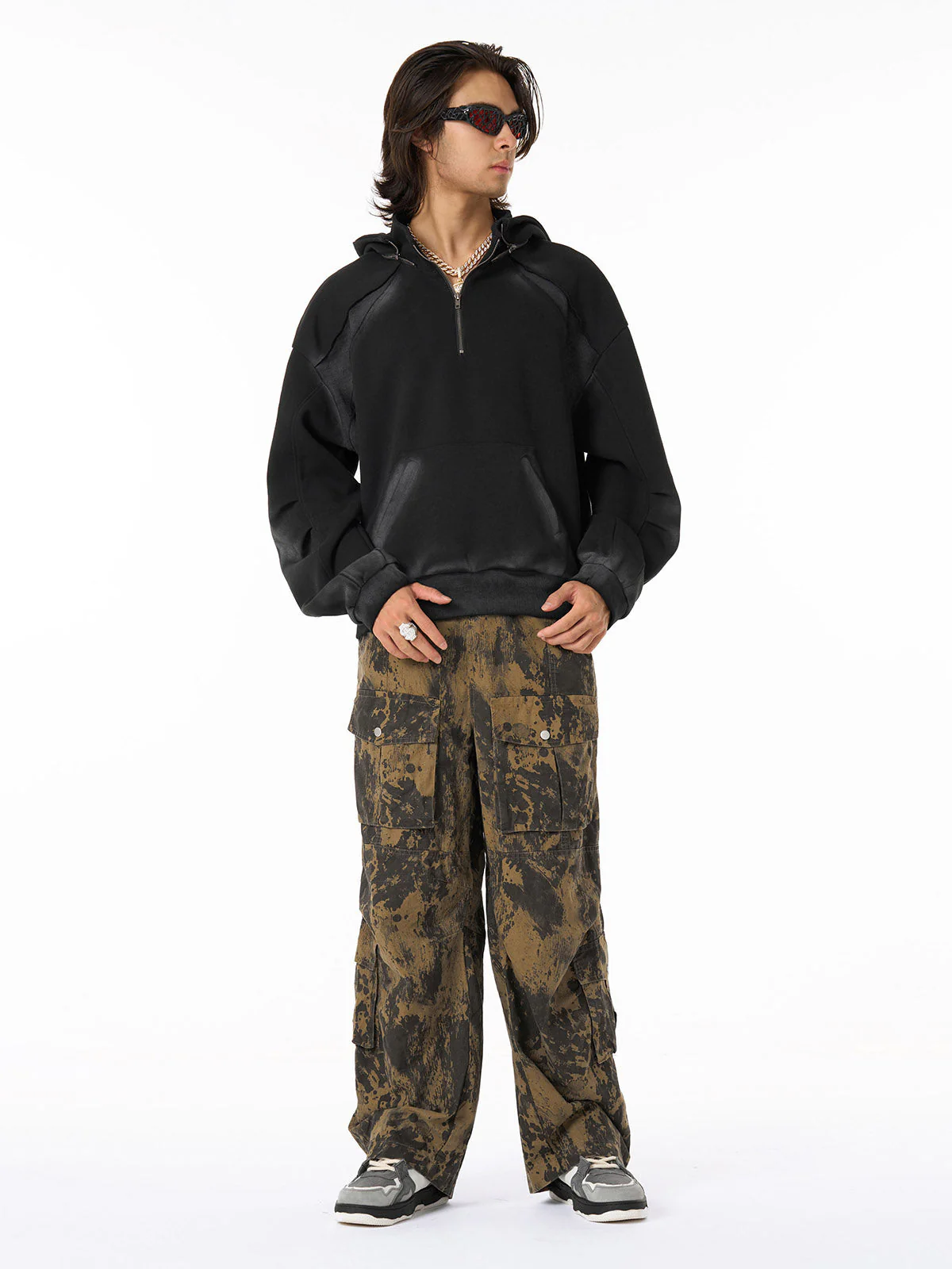 Distressed Stand Collar Stitching Spray Paint Quarter Zip Hoodie - Image 4
