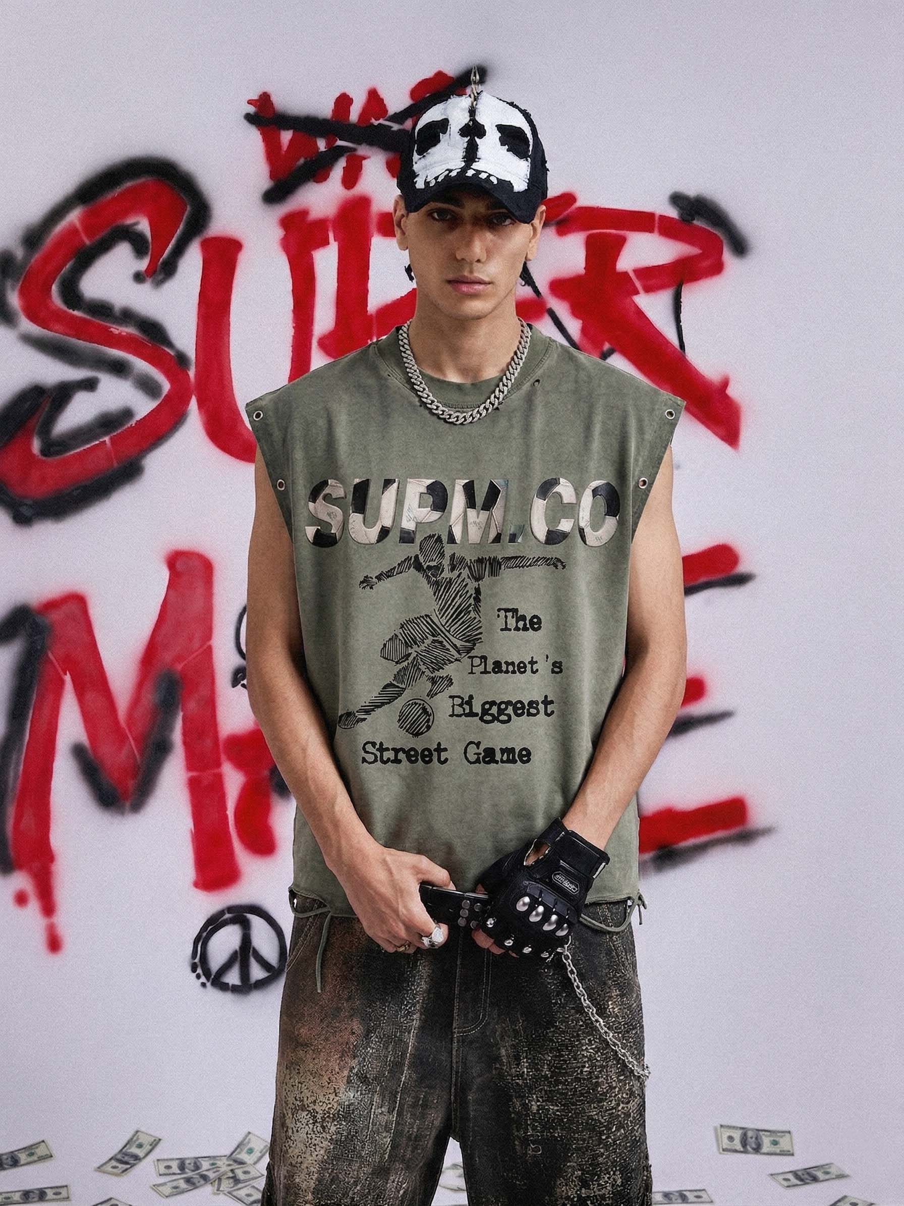 Distressed "SUPM.CO" Soccer Graphic Sleeveless T-Shirt