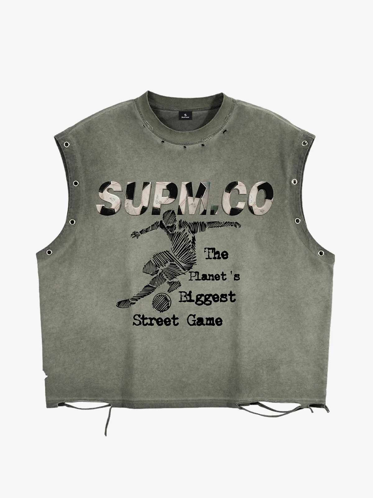Distressed "SUPM.CO" Soccer Graphic Sleeveless T-Shirt - Image 2