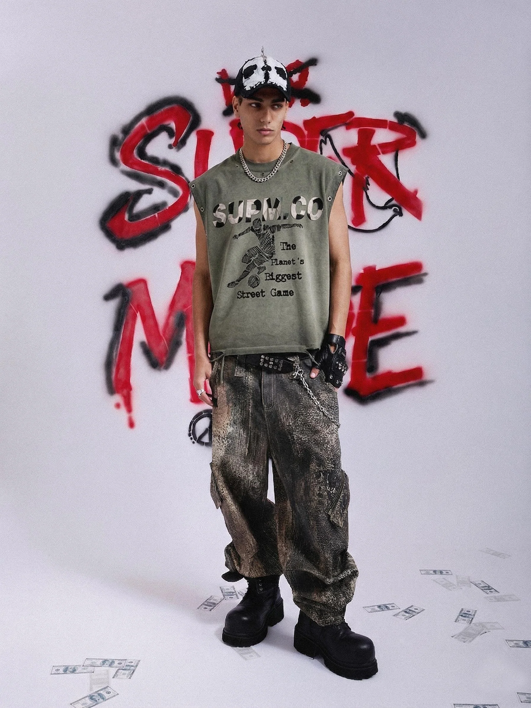 Distressed "SUPM.CO" Soccer Graphic Sleeveless T-Shirt - Image 3