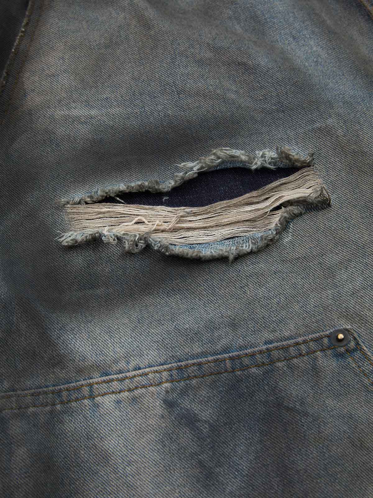 Distressed Washed Ripped Letter Patchwork Wide Leg Jeans - Image 5