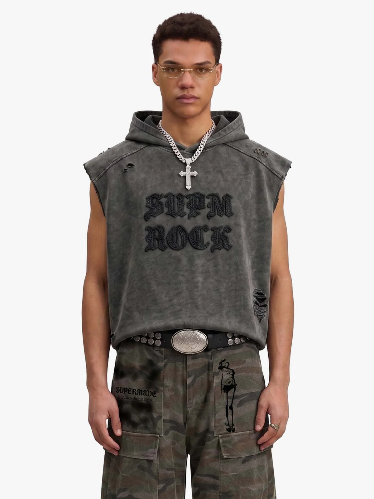 Distressed Washed Sleeveless Hoodie