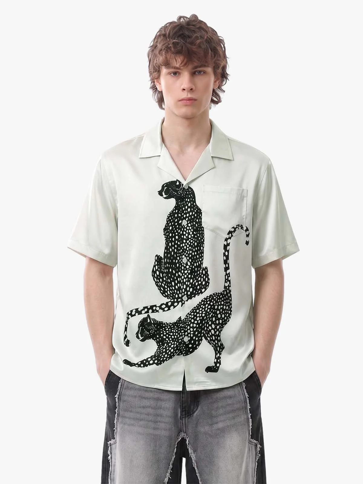 Double Cheetah Graphic Satin Cuban Shirt