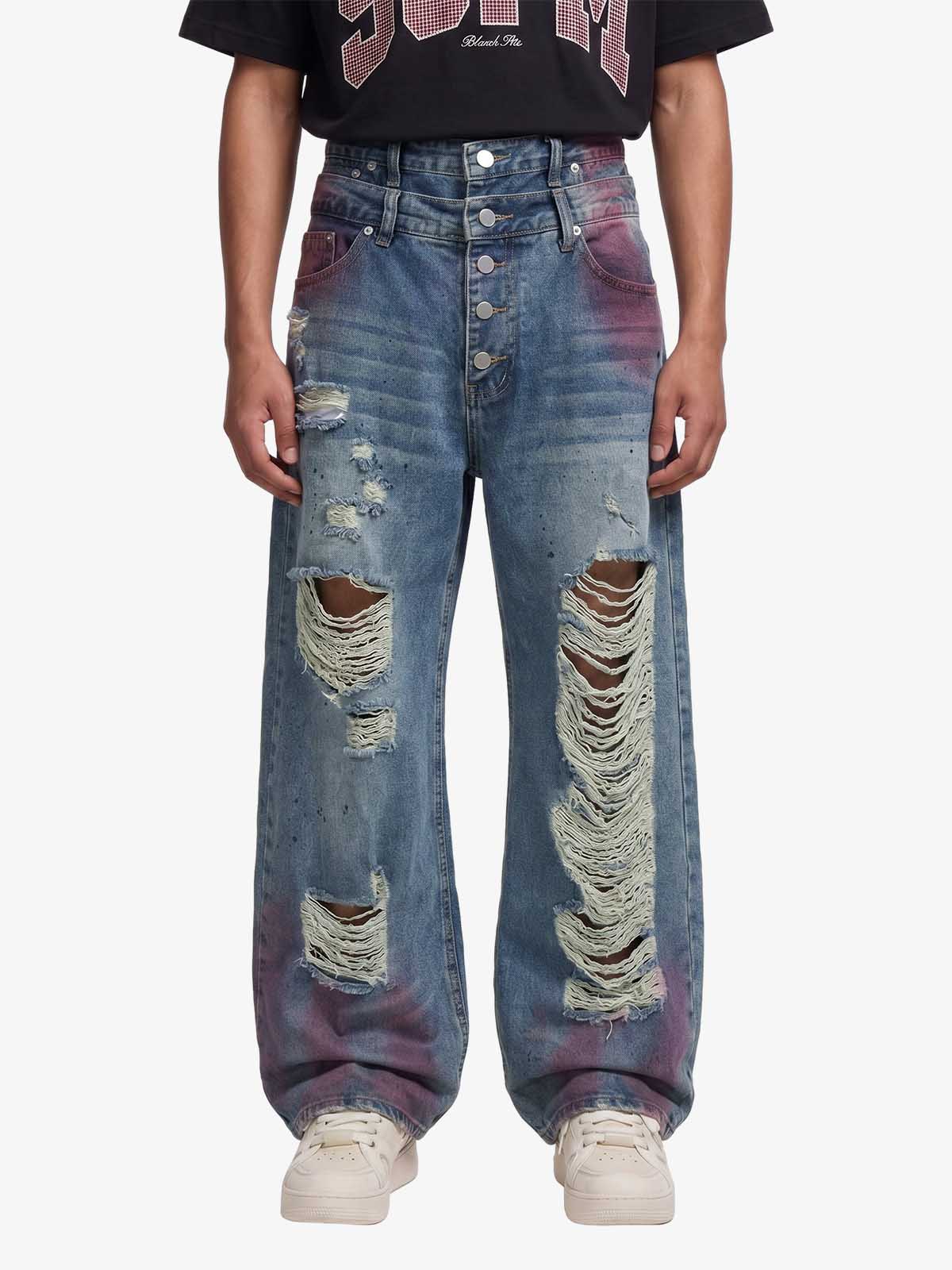Double-Waist Distressed Wide-Leg Jeans