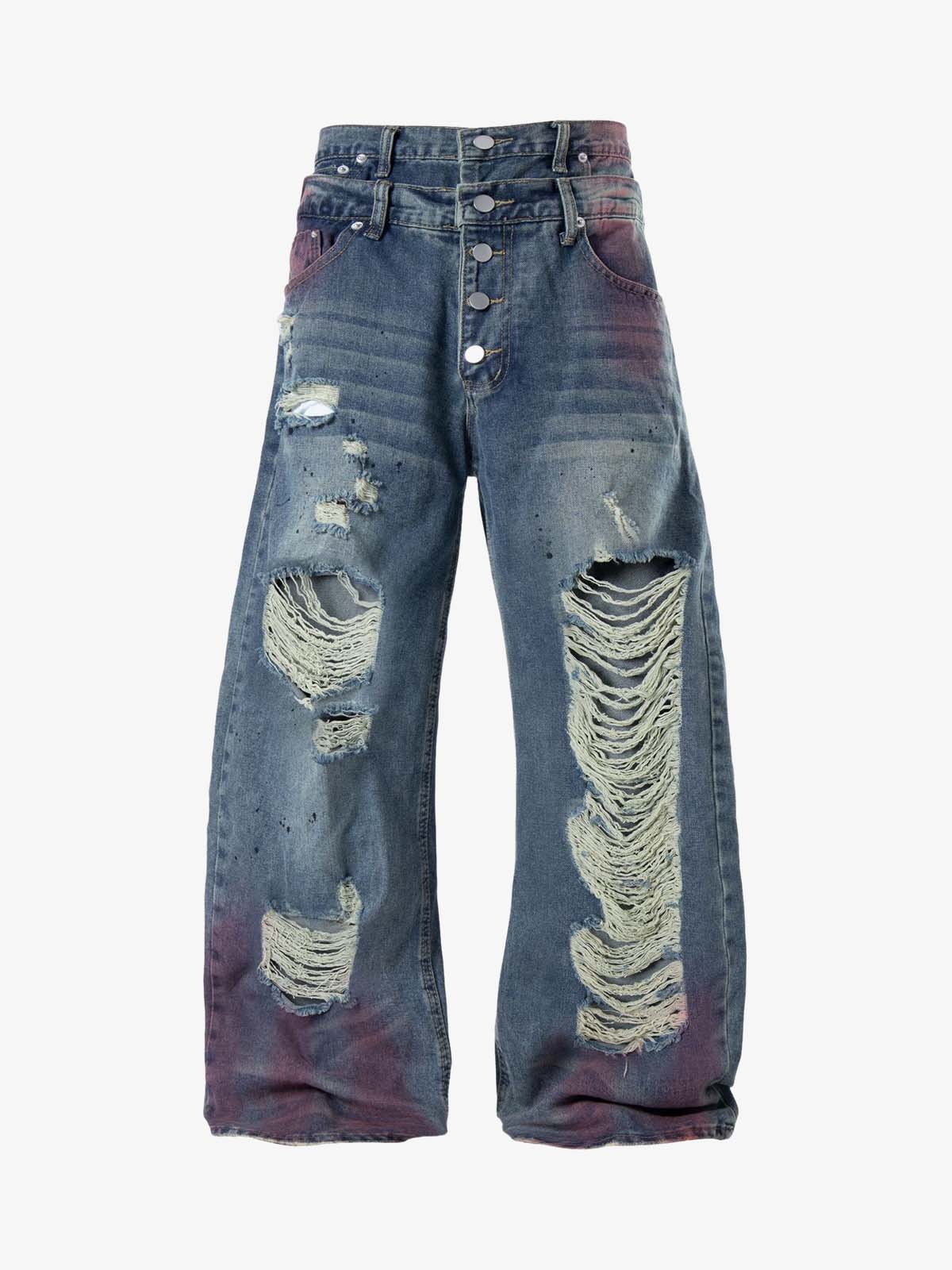 Double-Waist Distressed Wide-Leg Jeans - Image 2