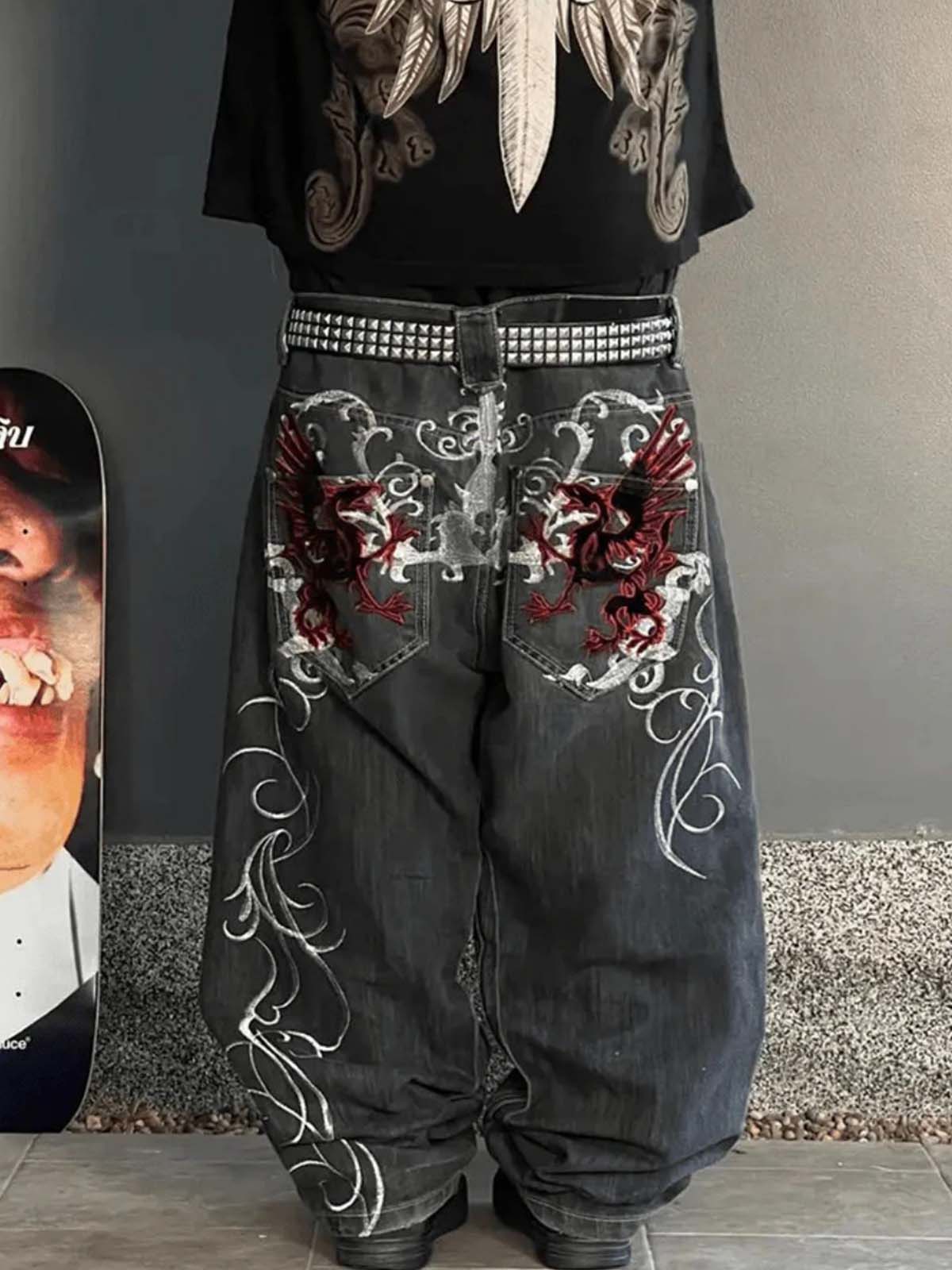Dragon Embroidery Gothic Wide Leg Jeans - Image 5