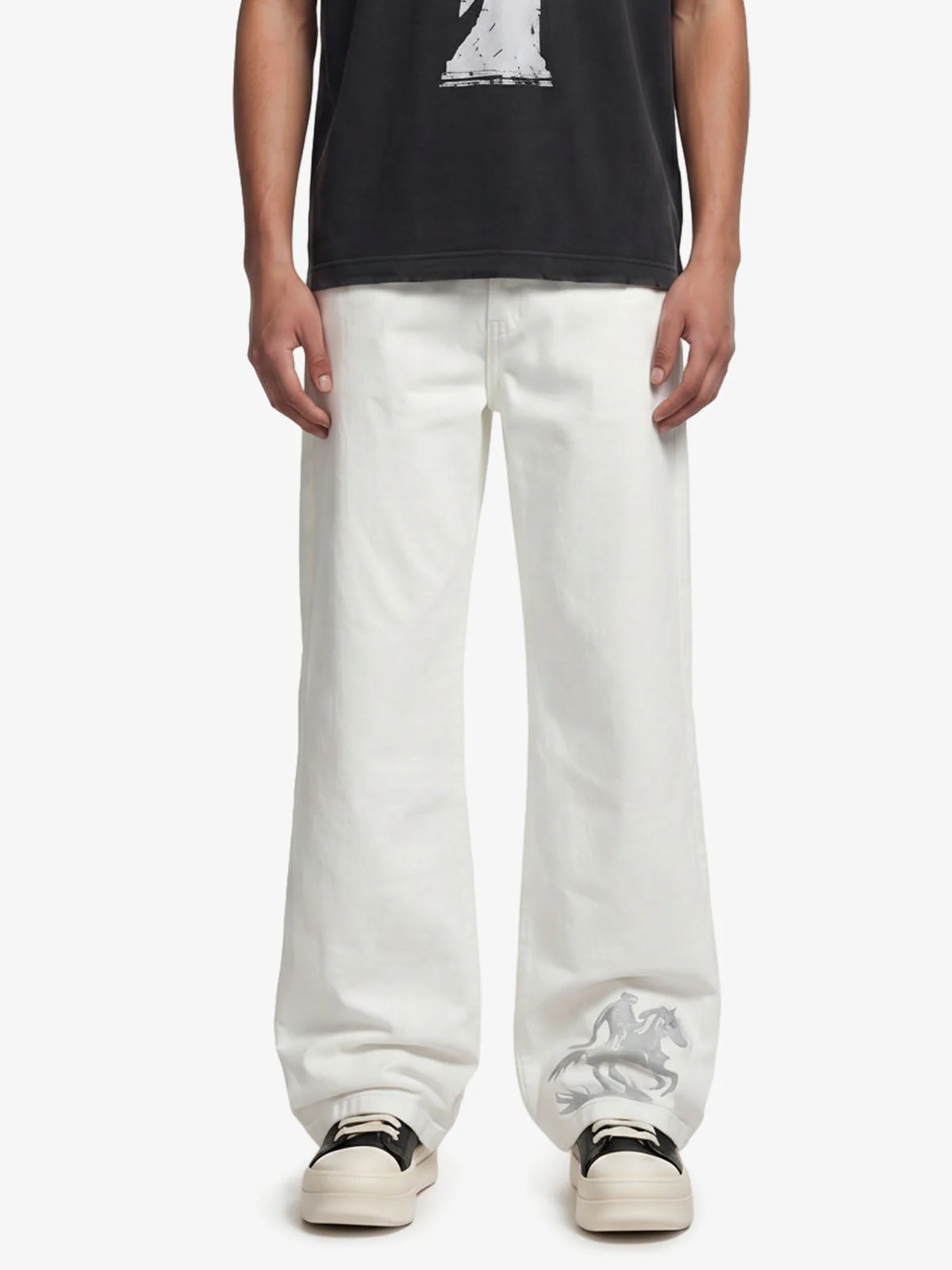 Embroidered Horse Wide Leg Denim Flare Jeans