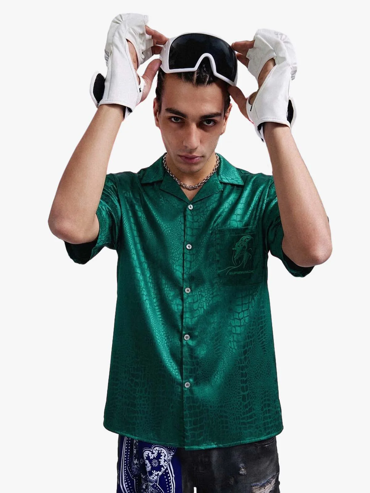 Emerald Crocodile Satin Cuban Shirt