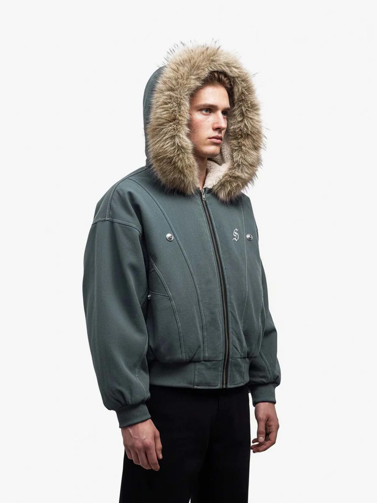 Faux Fur Lined Zip Up Winter Hooded Bomber Jacket - 2560 - Image 10