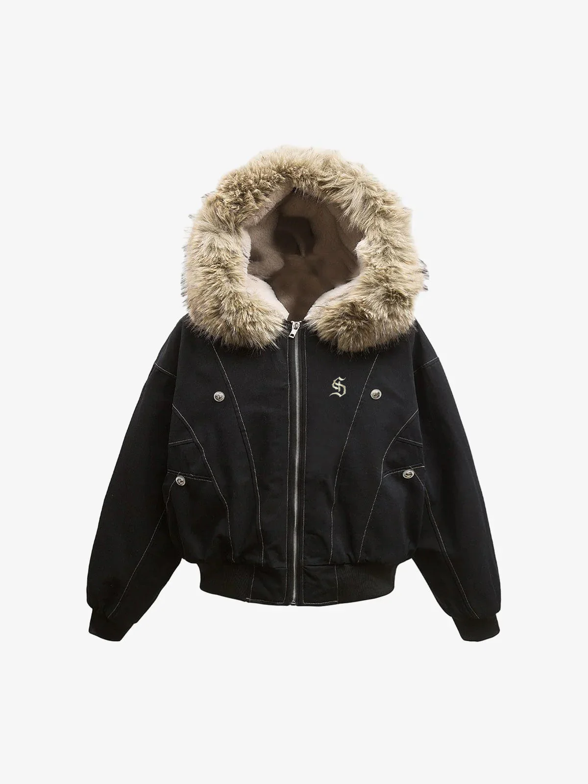 Faux Fur Lined Zip Up Winter Hooded Bomber Jacket - 2560 - Image 2