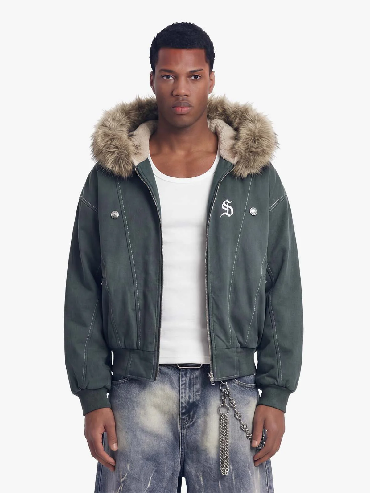 Faux Fur Lined Zip Up Winter Hooded Bomber Jacket - 2560 - Image 3