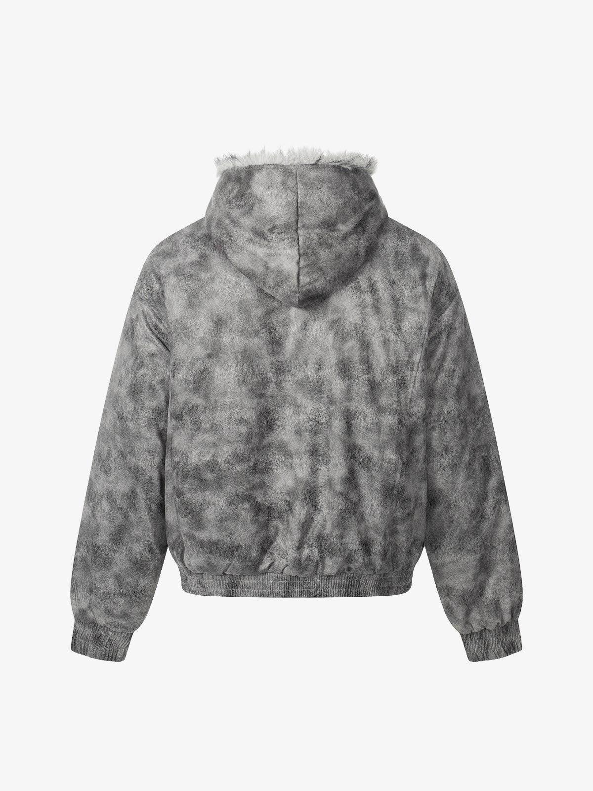 Faux Suede Vintage Wash Fur Hood Padded Jacket - 2553 - Image 2