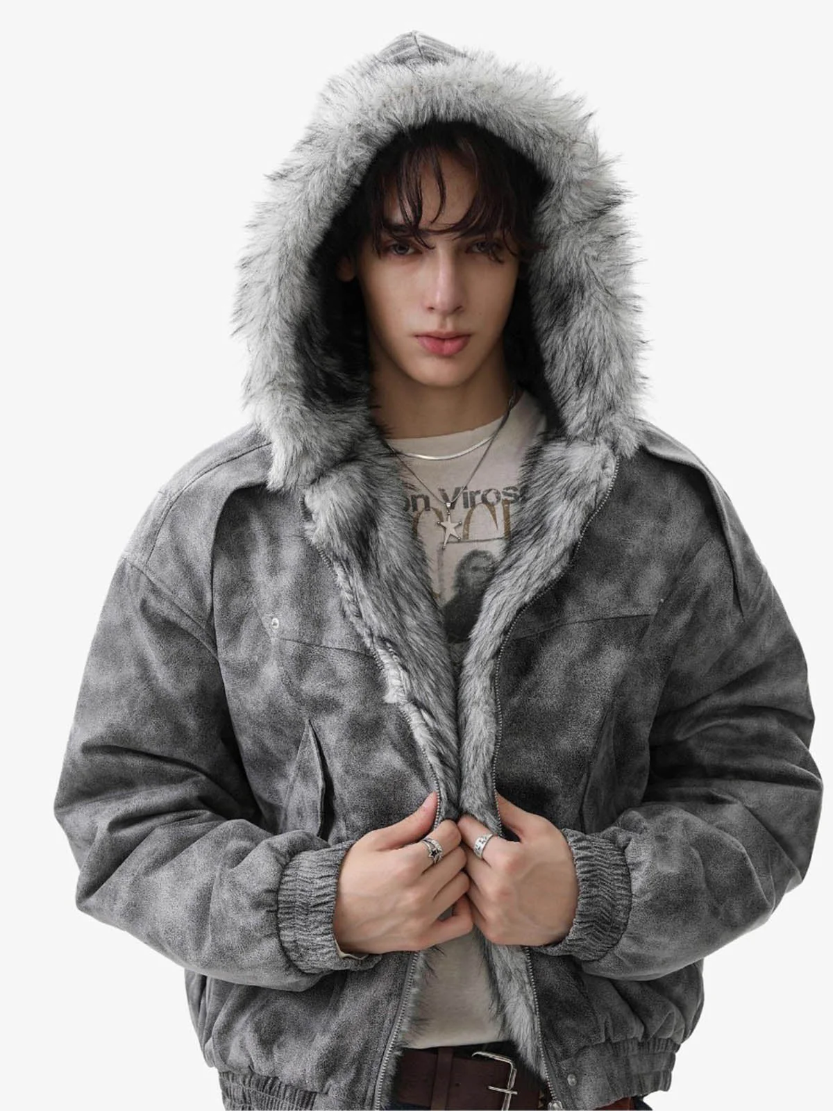 Faux Suede Vintage Wash Fur Hood Padded Jacket - 2553 - Image 3