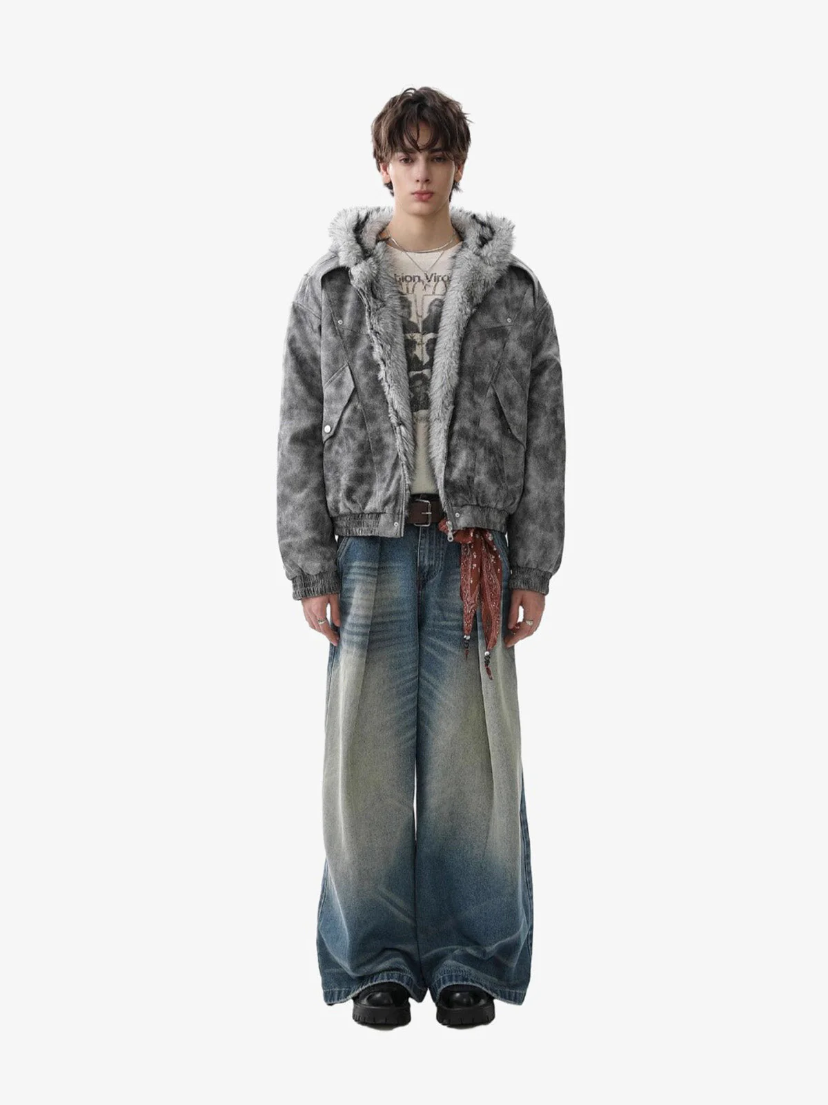 Faux Suede Vintage Wash Fur Hood Padded Jacket - 2553 - Image 4