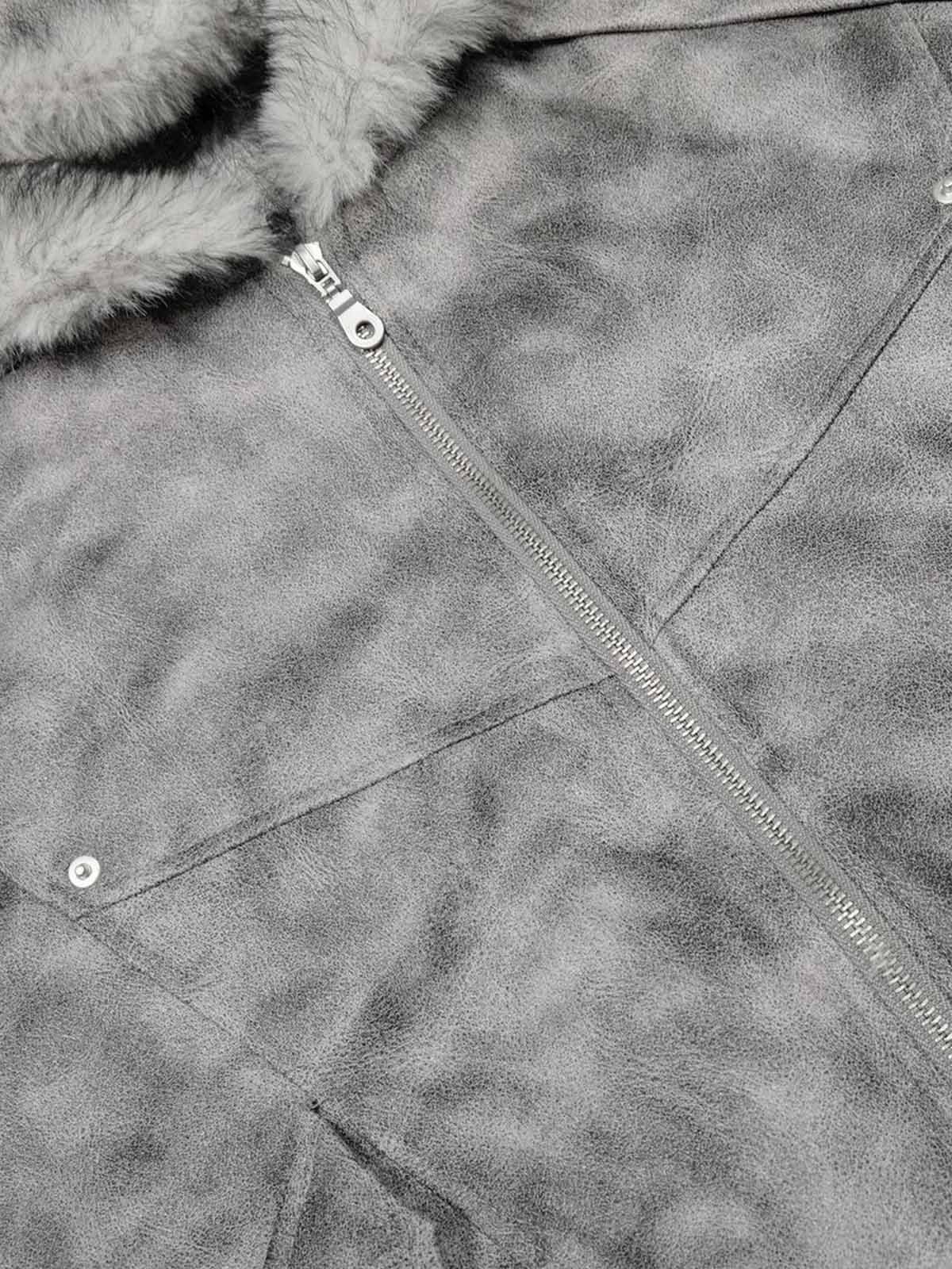 Faux Suede Vintage Wash Fur Hood Padded Jacket - 2553 - Image 5