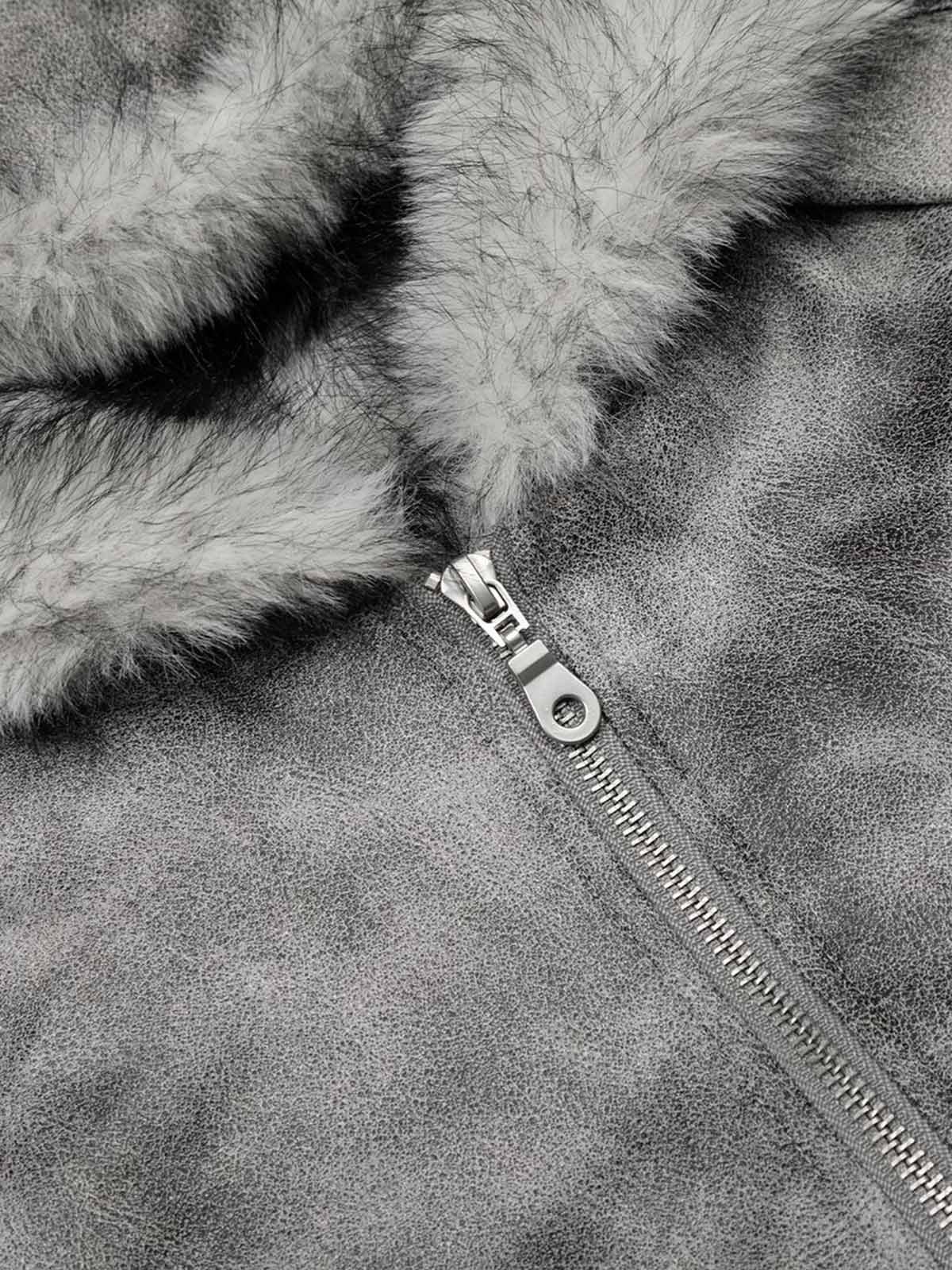 Faux Suede Vintage Wash Fur Hood Padded Jacket - 2553 - Image 7