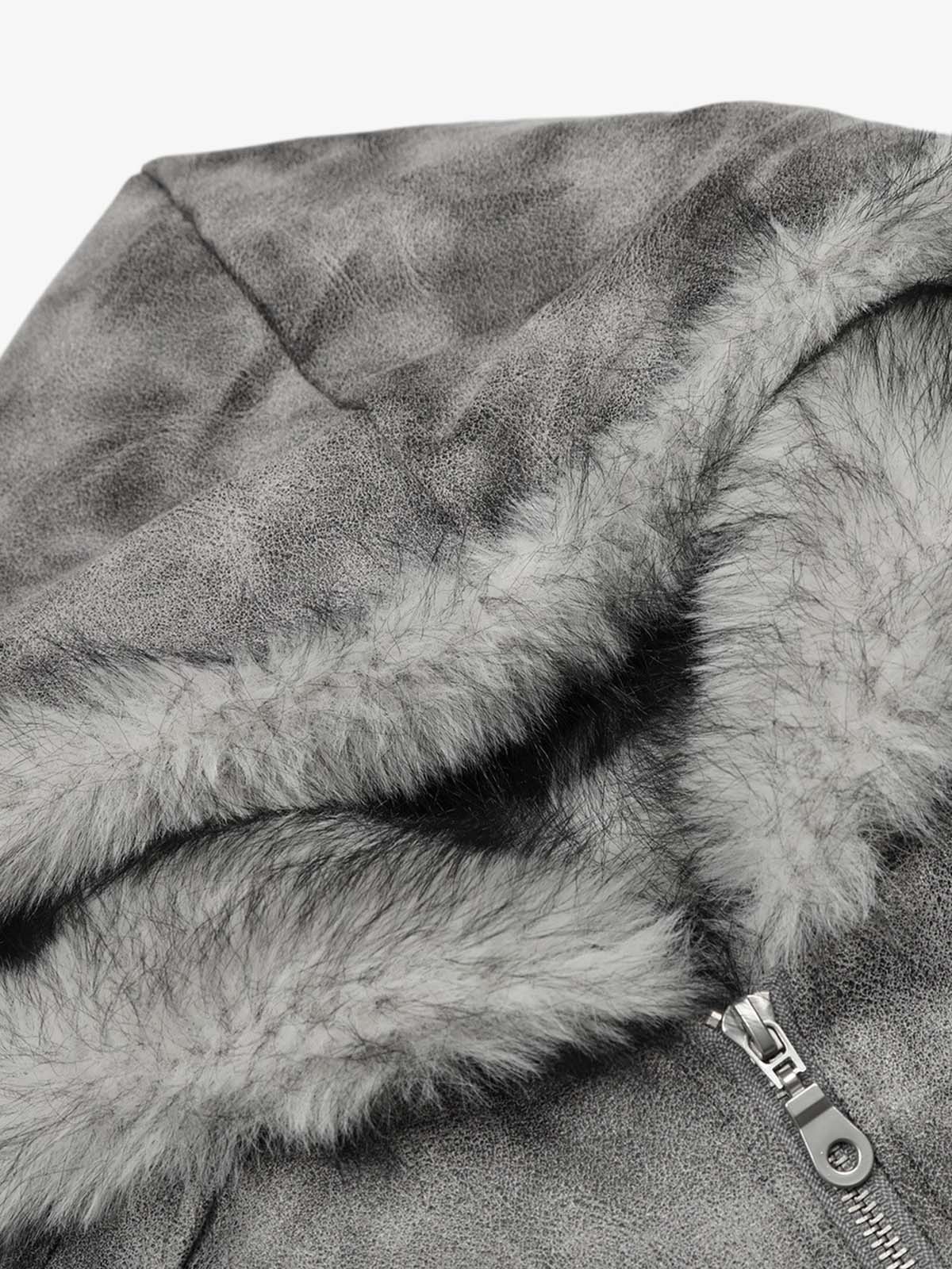 Faux Suede Vintage Wash Fur Hood Padded Jacket - 2553 - Image 9