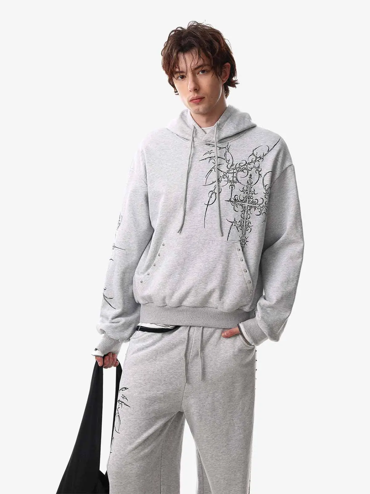 Floral Line Art Studded Pocket Hoodie - Image 2
