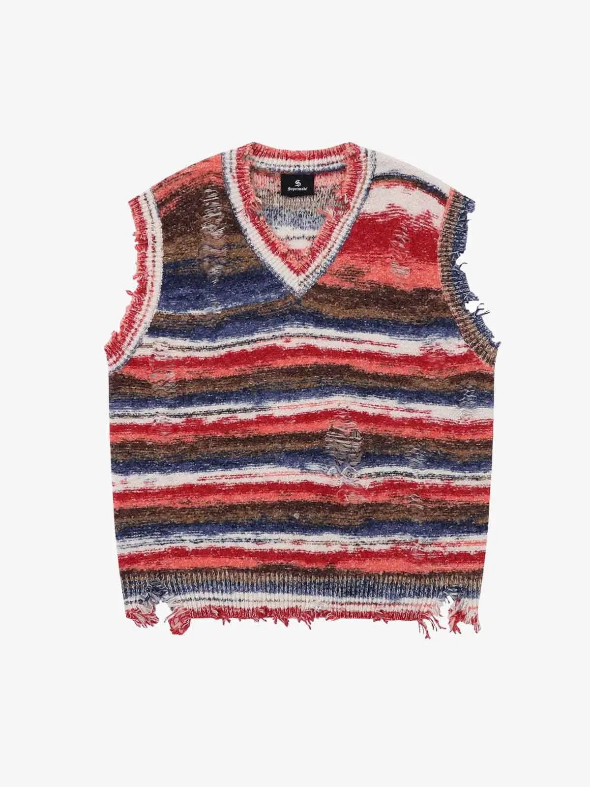 Frayed Edge Striped V Neck Knit Vest - Image 2