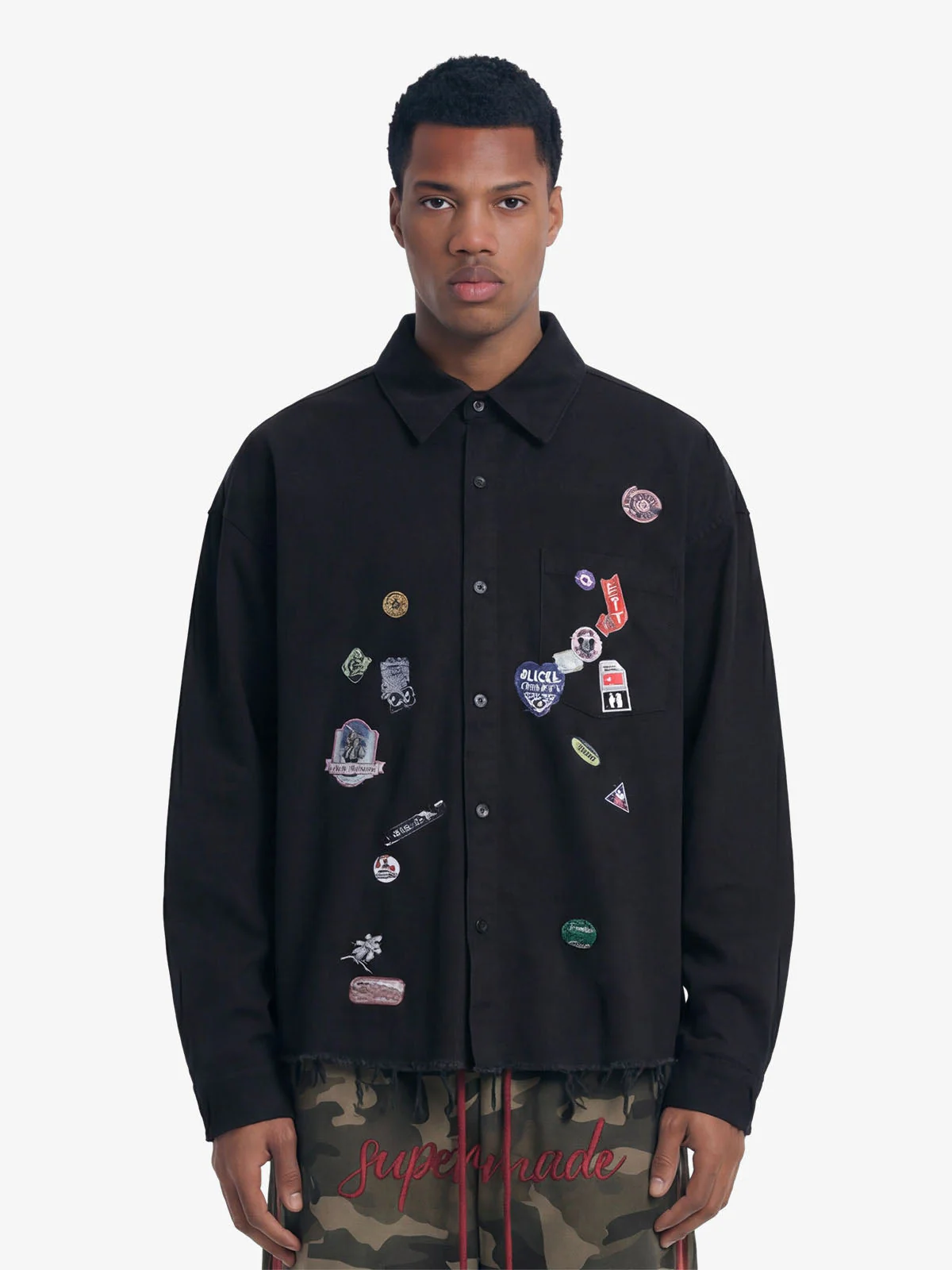 Fun Distressed Raw-Edge Printed Long-Sleeved Shirt
