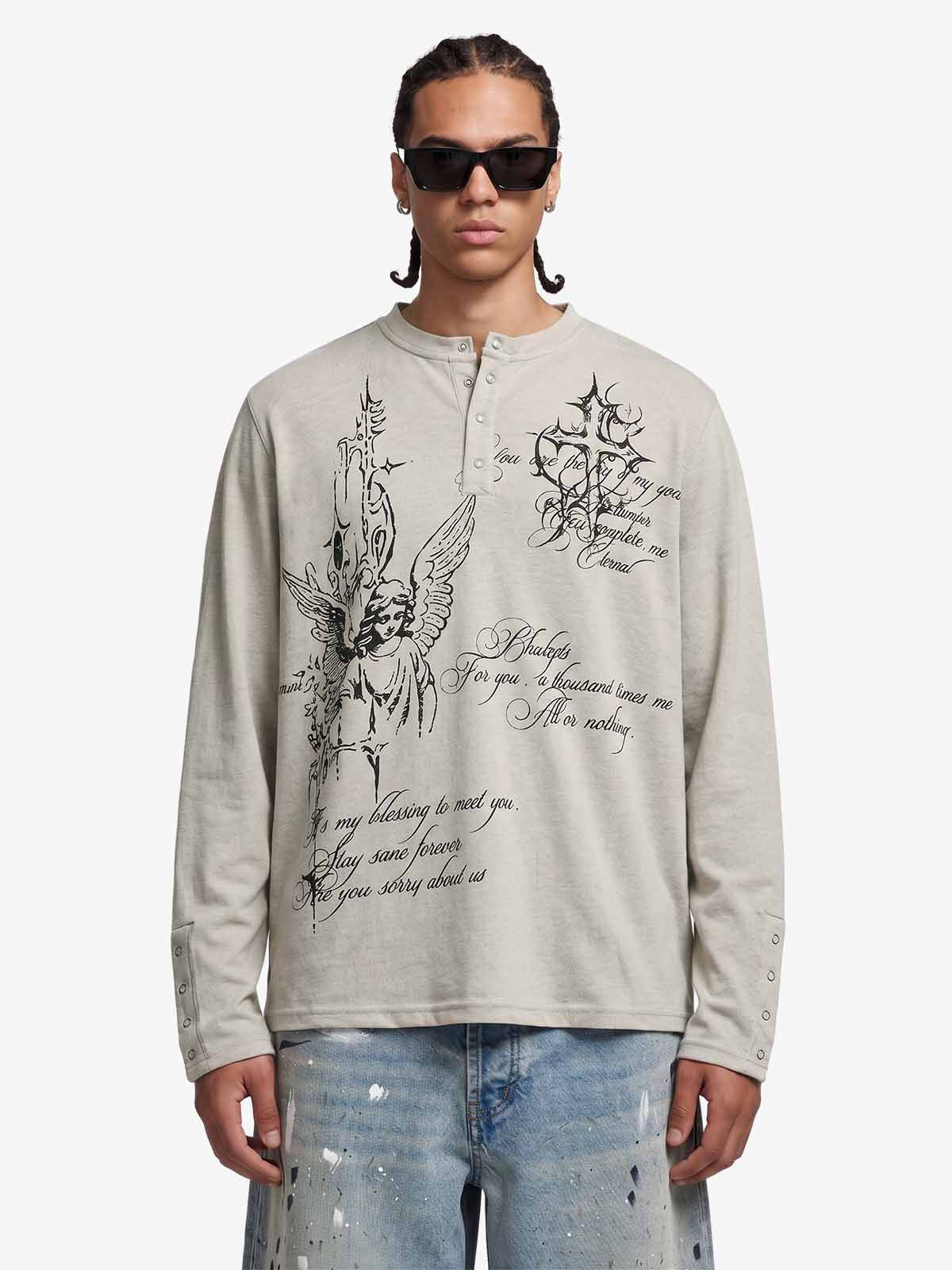 Gothic Angel Graphic Long Sleeve Henley T-Shirt
