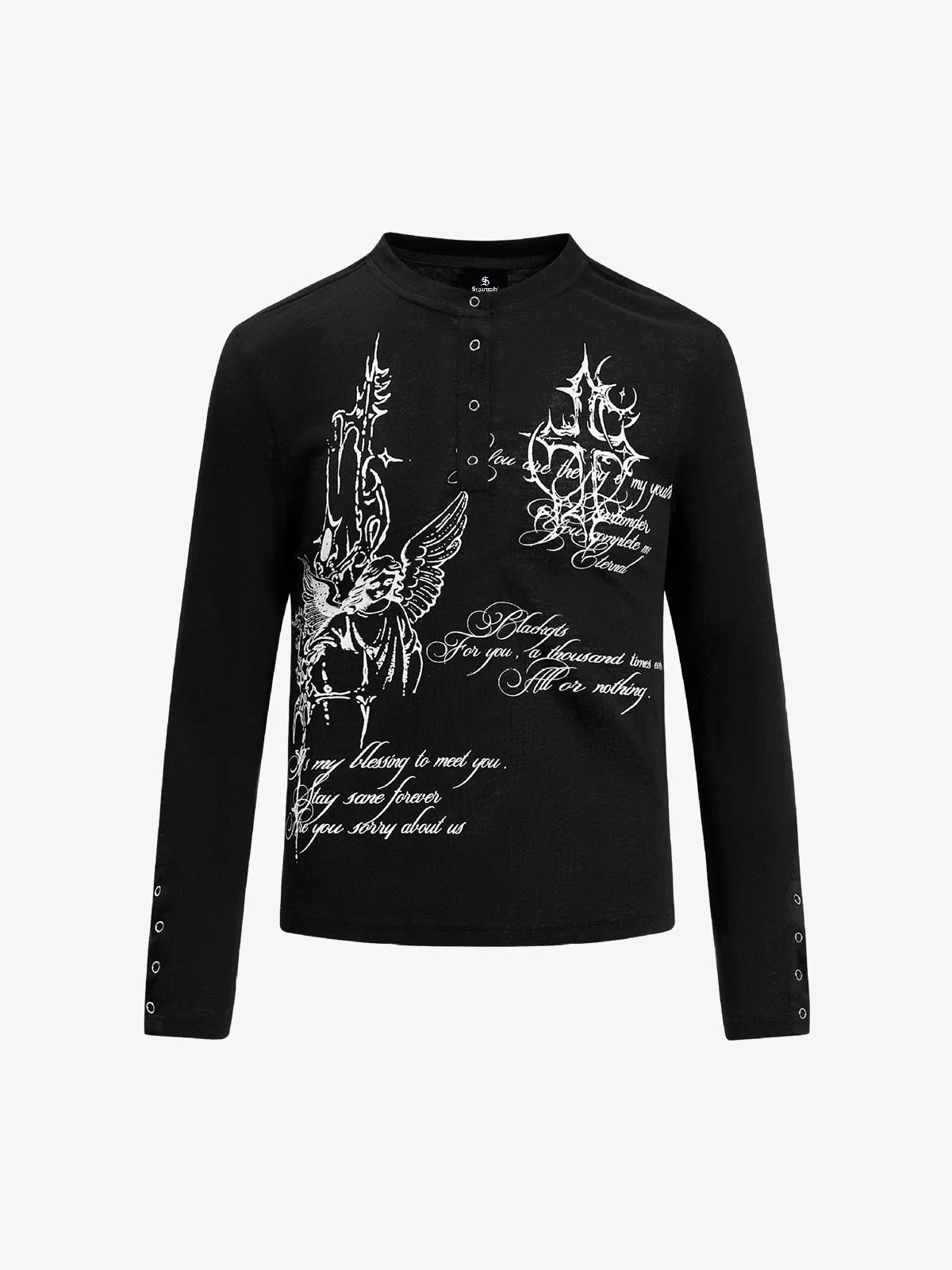 Gothic Angel Graphic Long Sleeve Henley T-Shirt - Image 2