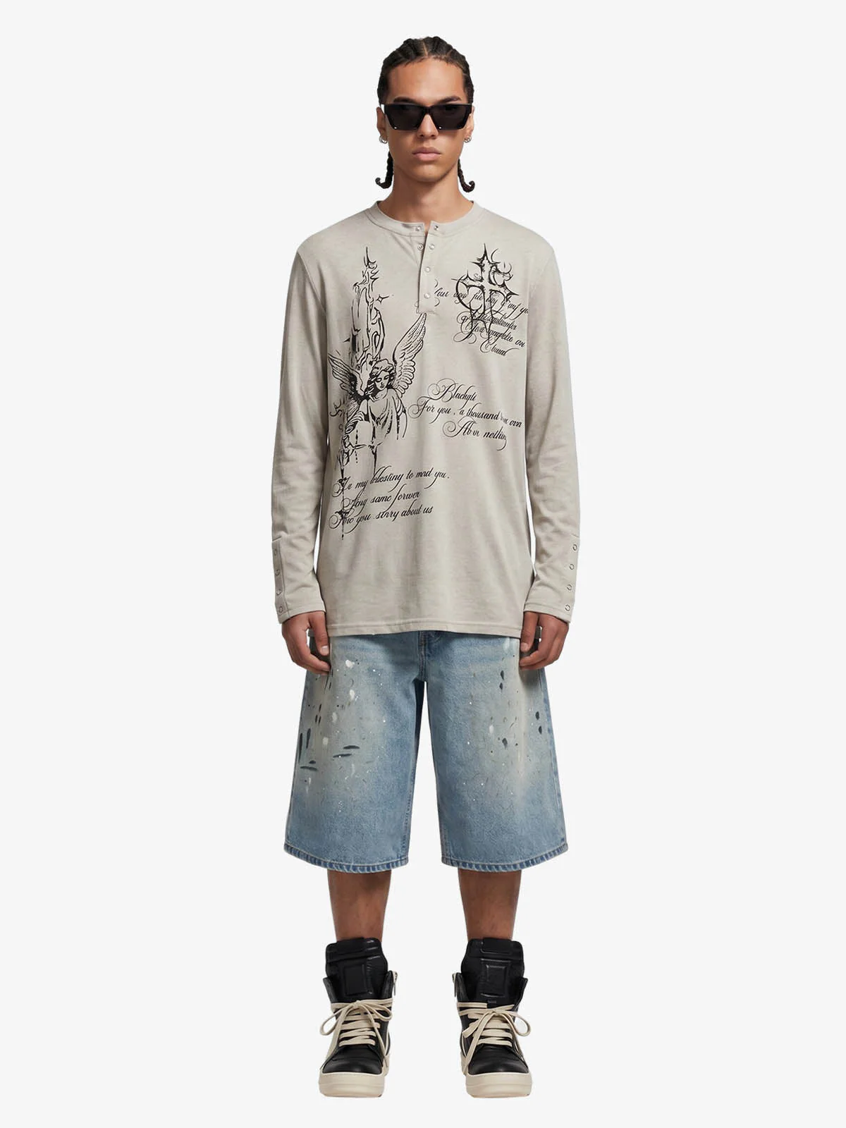 Gothic Angel Graphic Long Sleeve Henley T-Shirt - Image 3