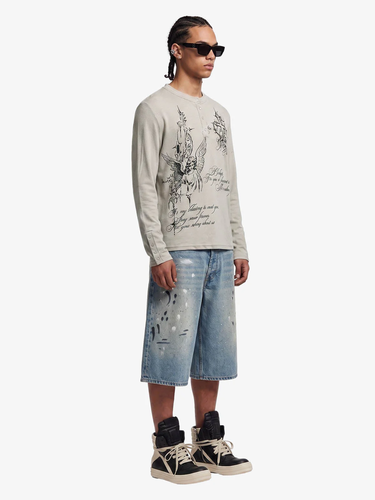 Gothic Angel Graphic Long Sleeve Henley T-Shirt - Image 4