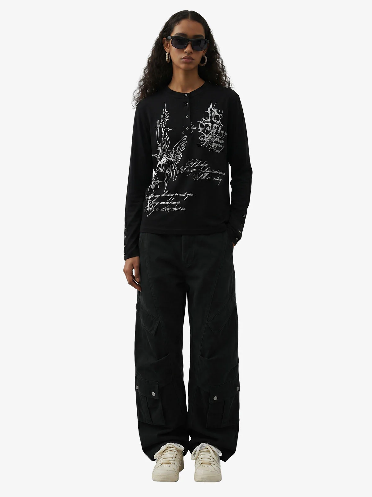 Gothic Angel Graphic Long Sleeve Henley T-Shirt - Image 5