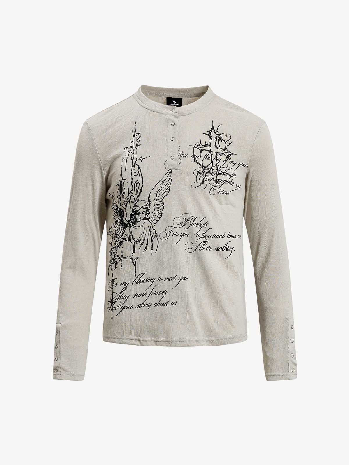 Gothic Angel Graphic Long Sleeve Henley T-Shirt - Image 6
