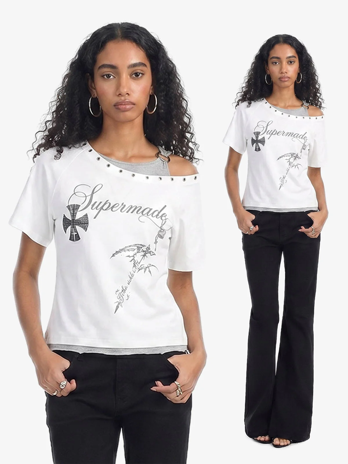 Gothic-Layered Grommet Strap T-Shirt