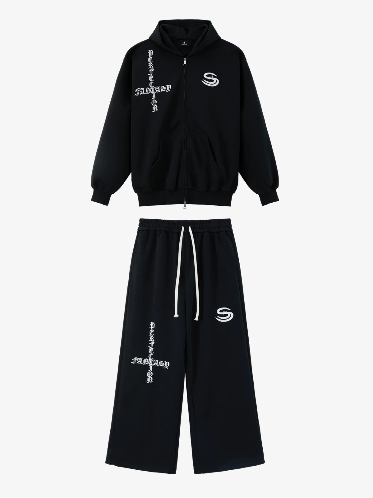 Gothic Letter Cross Embroidery Zip Up Hoodie and Sweatpants Set - Image 2