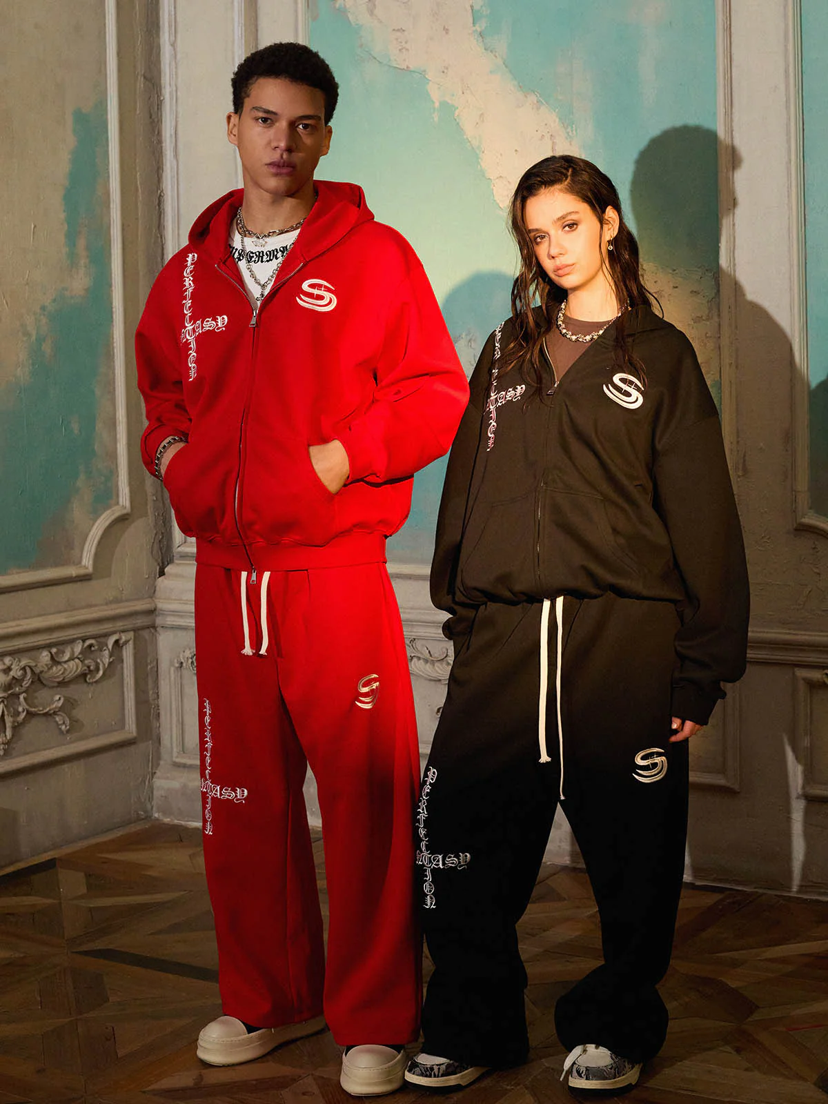 Gothic Letter Cross Embroidery Zip Up Hoodie and Sweatpants Set - Image 5