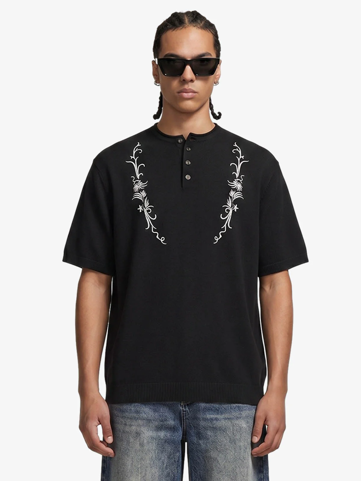 Graphic Floral Knit Henley T-Shirt