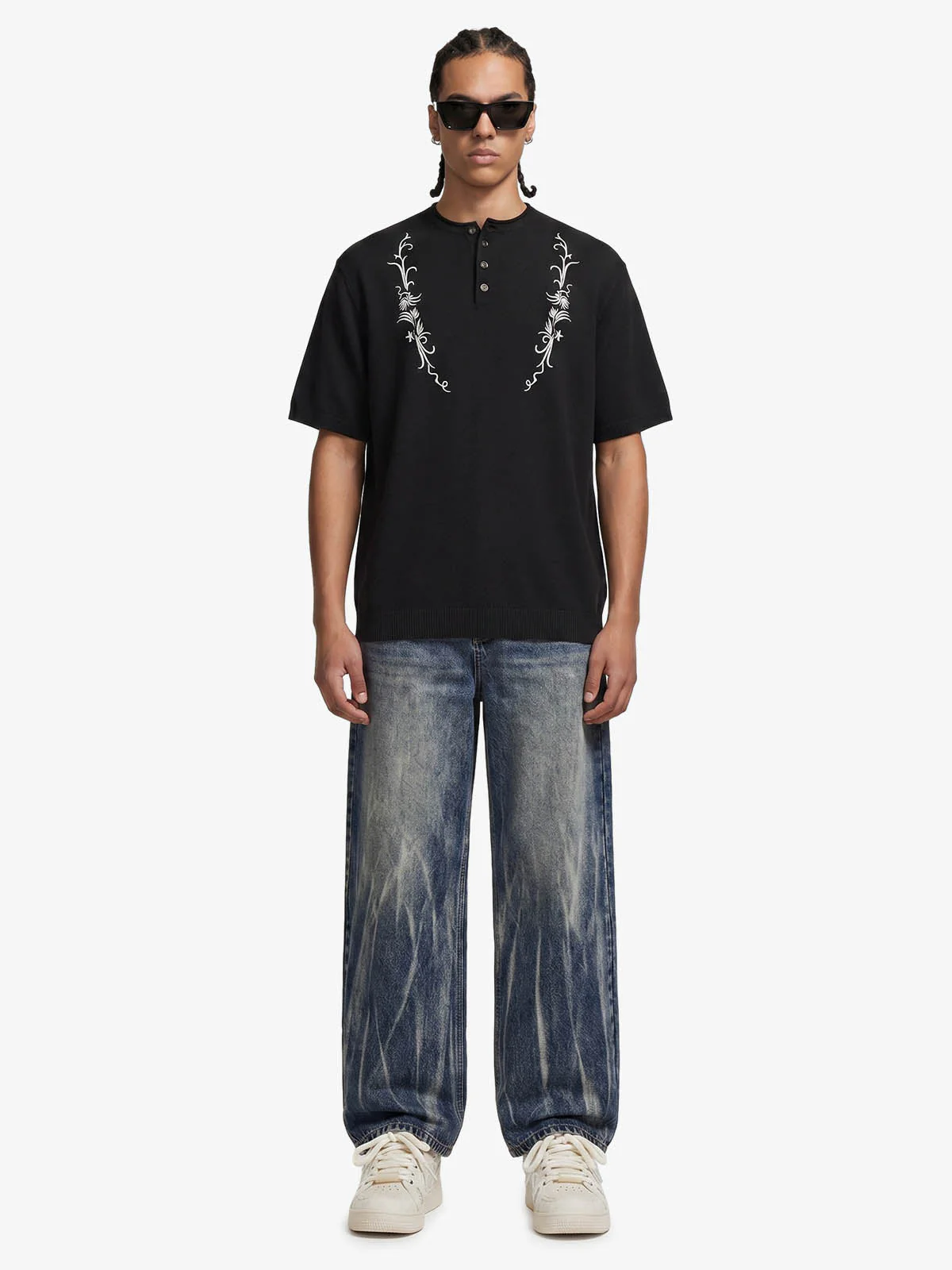 Graphic Floral Knit Henley T-Shirt - Image 3