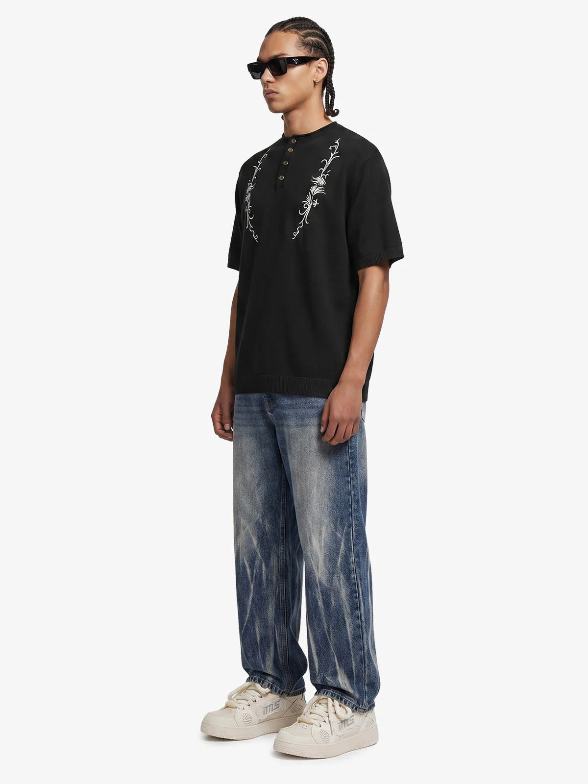 Graphic Floral Knit Henley T-Shirt - Image 4
