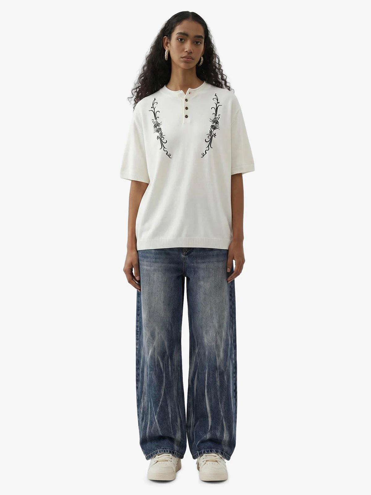 Graphic Floral Knit Henley T-Shirt - Image 5